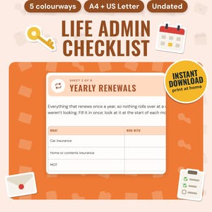 Life Admin Planner Printable: main listing photo showing the product with an 'Instant download' badge and flat key, calendar, envelope and checklist icons. Digital product from Neat Wren Studio.