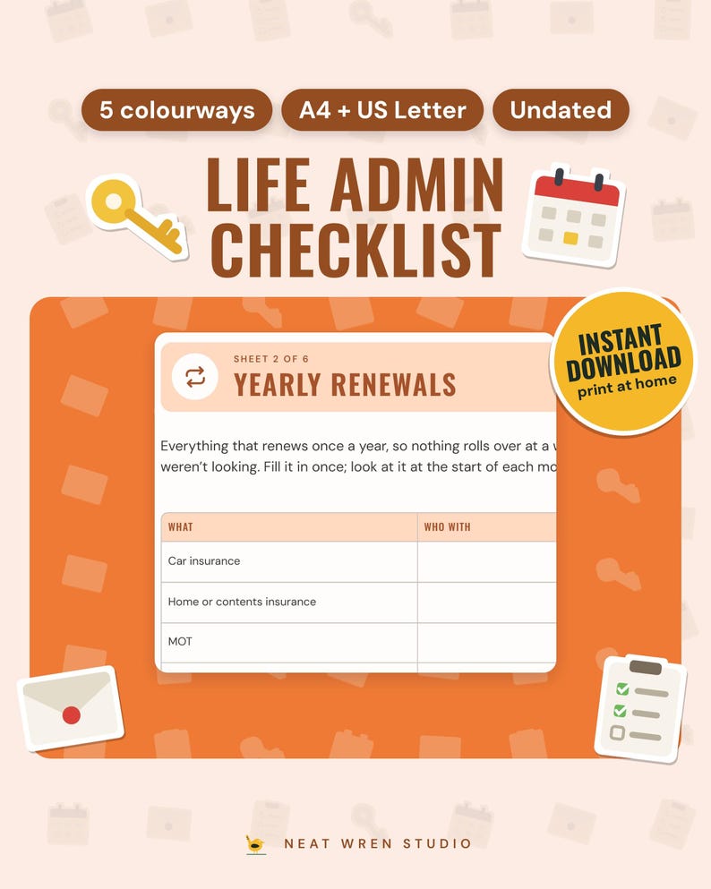 Life Admin Planner Printable: main listing photo showing the product with an 'Instant download' badge and flat key, calendar, envelope and checklist icons. Digital product from Neat Wren Studio.
