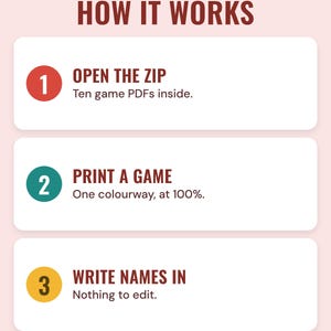 How it works: open the zip, print a game in one colourway at 100 percent, write names in by hand.