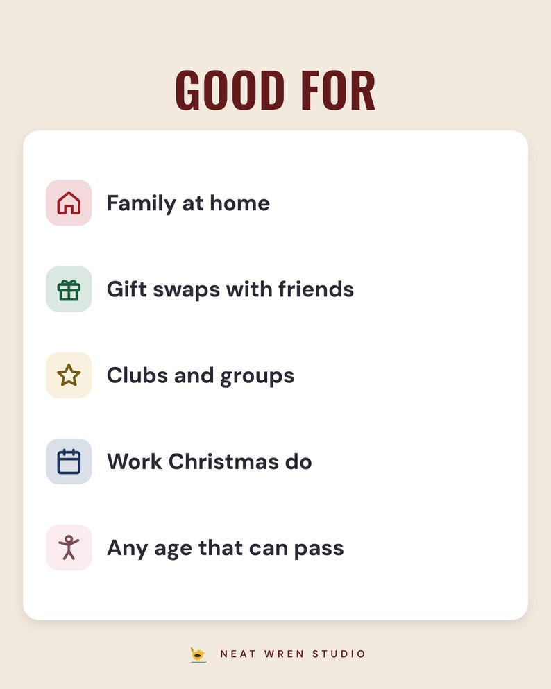 A white card under the headline Good for: family at home, gift swaps with friends, clubs and groups, a work Christmas do, and any age that can pass.