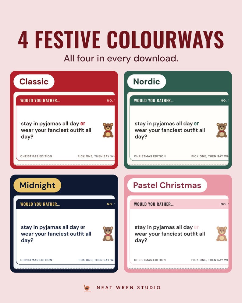The same would you rather card in four colourways, Classic, Nordic, Midnight and Pastel Christmas, under the headline 4 festive colourways.
