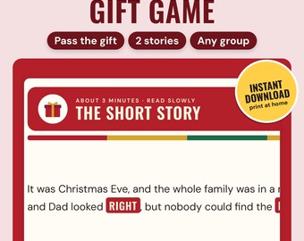 Op de afbeelding: Een digitale spelkaart getiteld LEFT RIGHT GIFT GAME met rode en witte accenten. Het bevat de tekst PASS THE GIFT, 2 STORIES, ANY GROUP en THE SHORT STORY. Een gele cirkel bevat de tekst INSTANT DOWNLOAD print at home.