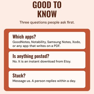 Good to know: works in GoodNotes, Notability, Samsung Notes, Xodo or any app that writes on a PDF; nothing is posted; message the shop if you get stuck.