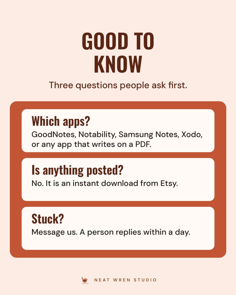 Good to know: works in GoodNotes, Notability, Samsung Notes, Xodo or any app that writes on a PDF; nothing is posted; message the shop if you get stuck.