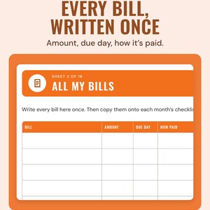 The All my bills page with columns for bill, amount, due day and how it is paid, under the headline Every bill, written once.