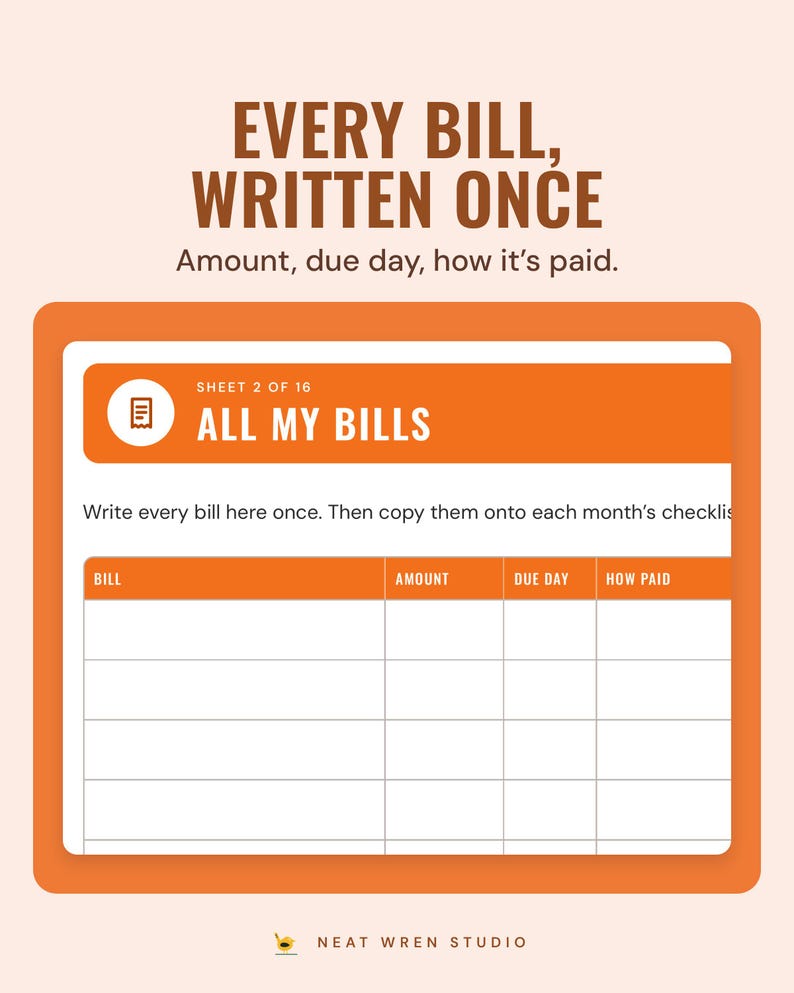 The All my bills page with columns for bill, amount, due day and how it is paid, under the headline Every bill, written once.