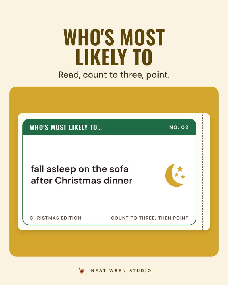 A who's most likely to card that reads fall asleep on the sofa after Christmas dinner, under the headline Who's most likely to, and the line Read, count to three, point.
