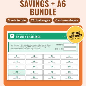 Savings and A6 bundle: the 52-week challenge page in the Bright colourway, and an instant download sticker.