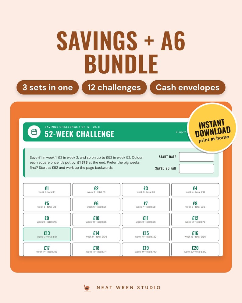 Savings and A6 bundle: the 52-week challenge page in the Bright colourway, and an instant download sticker.