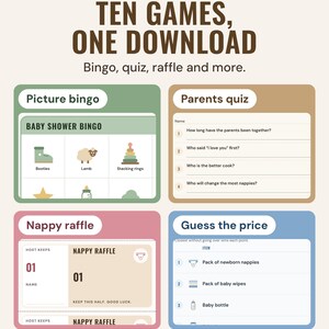 Four of the ten games: picture bingo in Sage, who knows the parents best in Oat, nappy raffle tickets in Blush and guess the price in Sky.