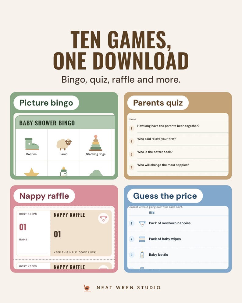 Four of the ten games: picture bingo in Sage, who knows the parents best in Oat, nappy raffle tickets in Blush and guess the price in Sky.