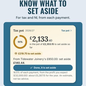 Tax pot tile: £2,133.40 in the pot of £2,353.15 to set aside so far, 91% ring, £219.75 to set aside and a Done button.