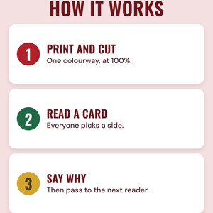 Three numbered steps under the headline How it works: print and cut one colourway at 100%, read a card so everyone picks a side, and say why, then pass to the next reader.
