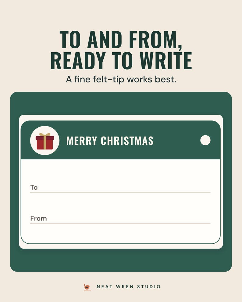 A Merry Christmas gift tag with blank To and From lines, under the headline To and from, ready to write.