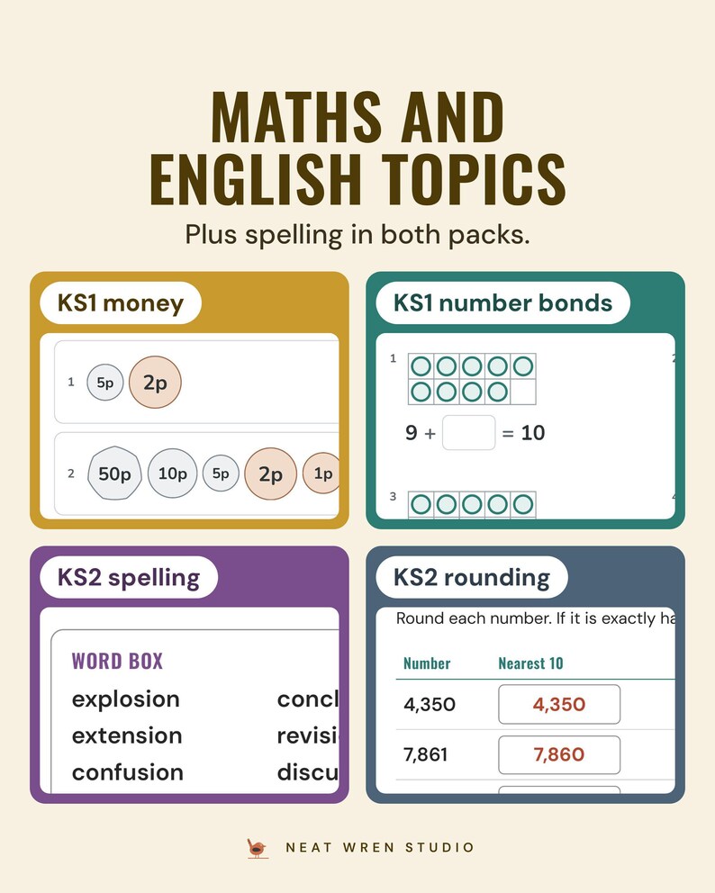 Four more sheets: KS1 counting UK coins, KS1 number bonds ten frames, KS2 spelling word box and a KS2 rounding table.