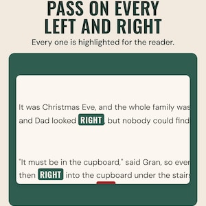 Lines from the left right story with each LEFT and RIGHT highlighted for the reader, under the headline Pass on every left and right.