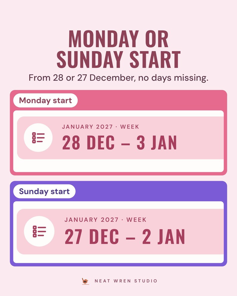 Two first week headers, 28 Dec to 3 Jan for Monday start and 27 Dec to 2 Jan for Sunday start, under the headline Monday or Sunday start.
