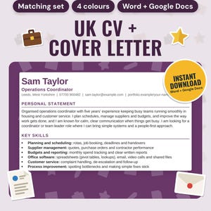 UK CV Template and Cover Letter Bundle: main listing photo showing the product with an 'Instant download' badge and flat briefcase, star, CV page and envelope icons. Digital product from Neat Wren Studio.