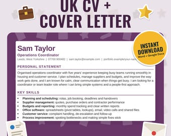 UK CV Template and Cover Letter Bundle, Resume Template | ATS-Friendly A4, 4 Matching Colours (Word, Google Docs)