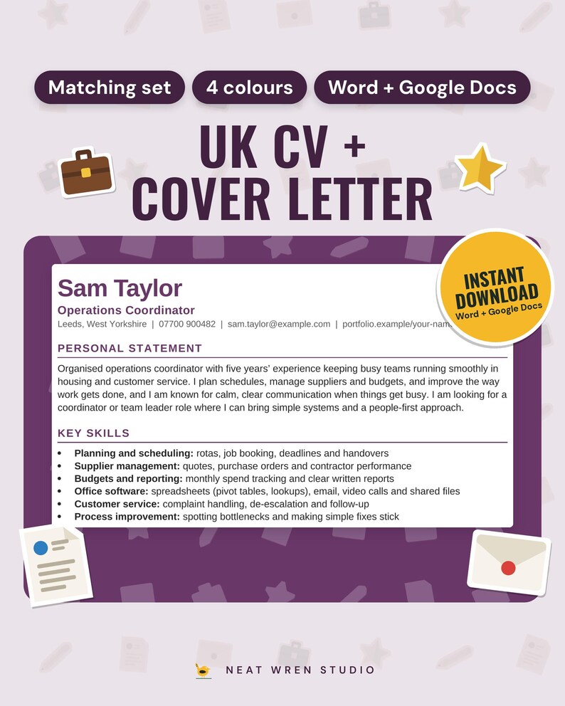UK CV Template and Cover Letter Bundle: main listing photo showing the product with an 'Instant download' badge and flat briefcase, star, CV page and envelope icons. Digital product from Neat Wren Studio.