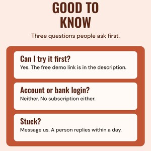 Good to know: try the free demo first, there is no account, bank login or subscription, and a person replies to messages within a day.