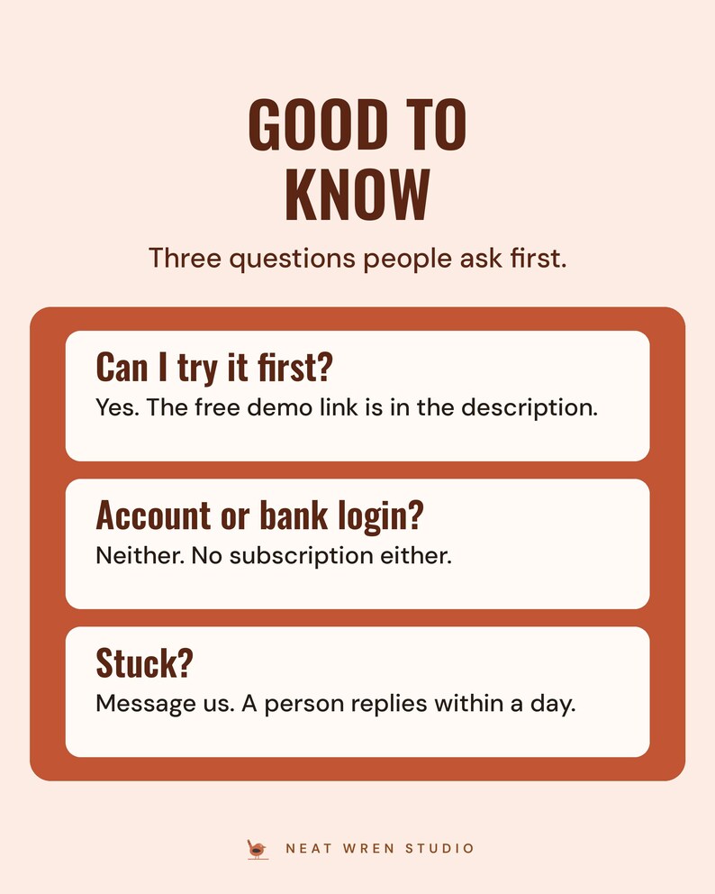 Good to know: try the free demo first, there is no account, bank login or subscription, and a person replies to messages within a day.