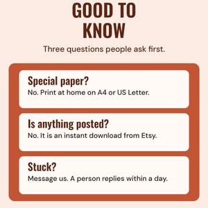 Good to know: print at home on A4 or US Letter, nothing is posted because it is an instant download, and a person replies to messages within a day.
