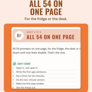 The sheet listing all 54 prompts, starting with open it, just open it, under the headline All 54 on one page, for the fridge or the desk.