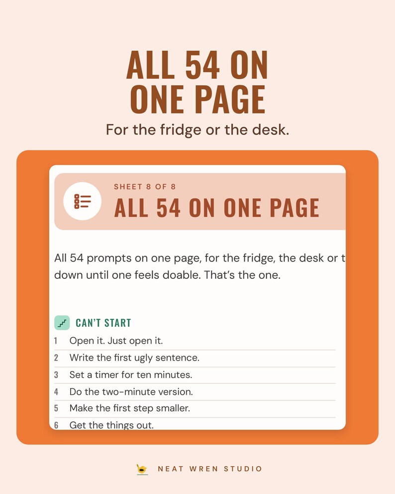 The sheet listing all 54 prompts, starting with open it, just open it, under the headline All 54 on one page, for the fridge or the desk.