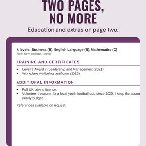 Page two of the example CV with education, training and additional information, under the headline Two pages, no more, and the line Education and extras on page two.