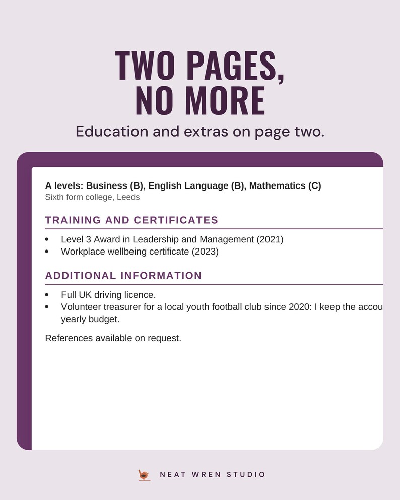 Page two of the example CV with education, training and additional information, under the headline Two pages, no more, and the line Education and extras on page two.