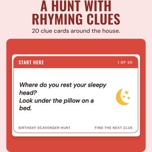 Birthday scavenger hunt start card with a rhyming clue leading to a pillow; 20 clue cards for indoor hiding spots.