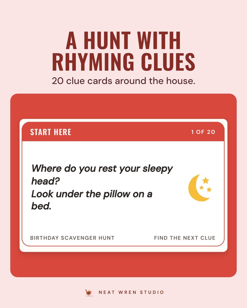 Birthday scavenger hunt start card with a rhyming clue leading to a pillow; 20 clue cards for indoor hiding spots.