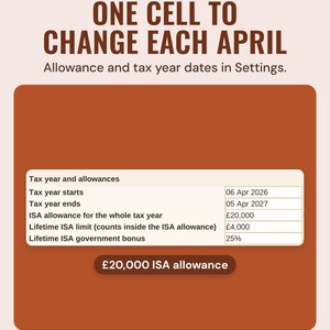 The Settings tab with tax year start and end dates, the £20,000 ISA allowance, the £4,000 Lifetime ISA limit and the 25% bonus.