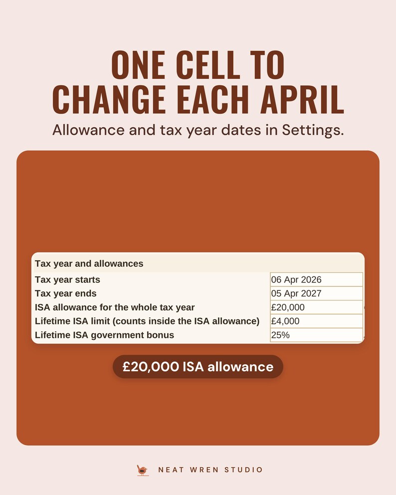 The Settings tab with tax year start and end dates, the £20,000 ISA allowance, the £4,000 Lifetime ISA limit and the 25% bonus.