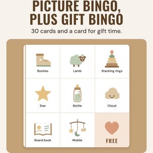 Close-up of a baby shower bingo card in Oat: booties, lamb, stacking rings, star, bottle, cloud, board book, mobile and a free square.