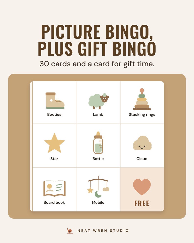 Close-up of a baby shower bingo card in Oat: booties, lamb, stacking rings, star, bottle, cloud, board book, mobile and a free square.