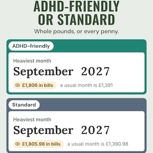 ADHD-friendly and Standard modes: heaviest month September 2027 with £1,806 or £1,805.98 in bills