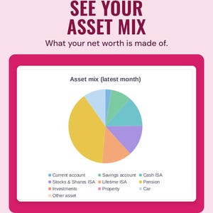 A pie chart of the latest month's asset mix, such as savings, ISAs and pension, under the headline See your asset mix, and the line What your net worth is made of.