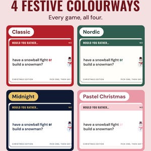 The same would you rather card in four colourways, Classic, Nordic, Midnight and Pastel Christmas, under the headline 4 festive colourways.