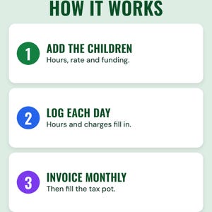 How it works in three steps: add the children, log each day, invoice monthly