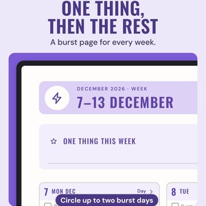 Weekly burst page for 7 to 13 December on a tablet, with one thing this week, burst days to circle and a box for each day.