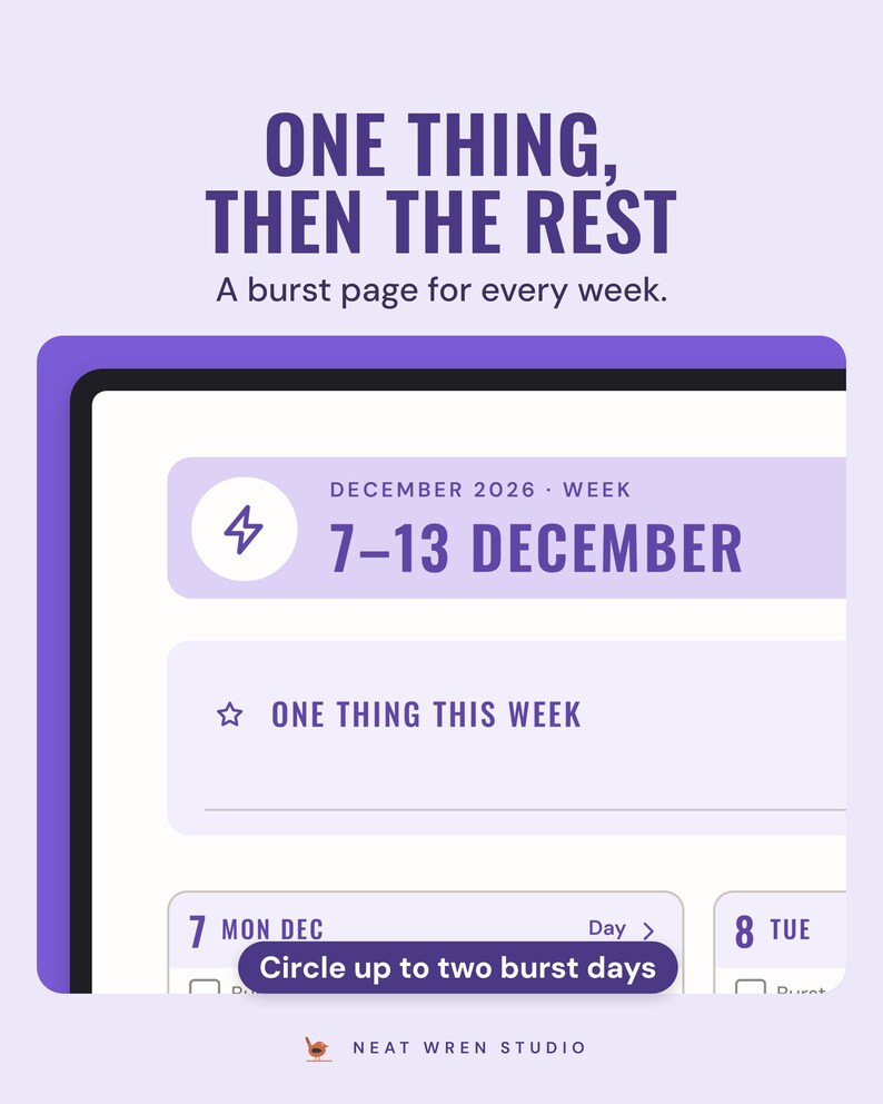 Weekly burst page for 7 to 13 December on a tablet, with one thing this week, burst days to circle and a box for each day.
