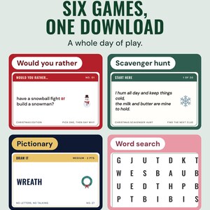 Four game pages, would you rather, scavenger hunt, pictionary and word search, under the headline Six games, one download, and the line A whole day of play.
