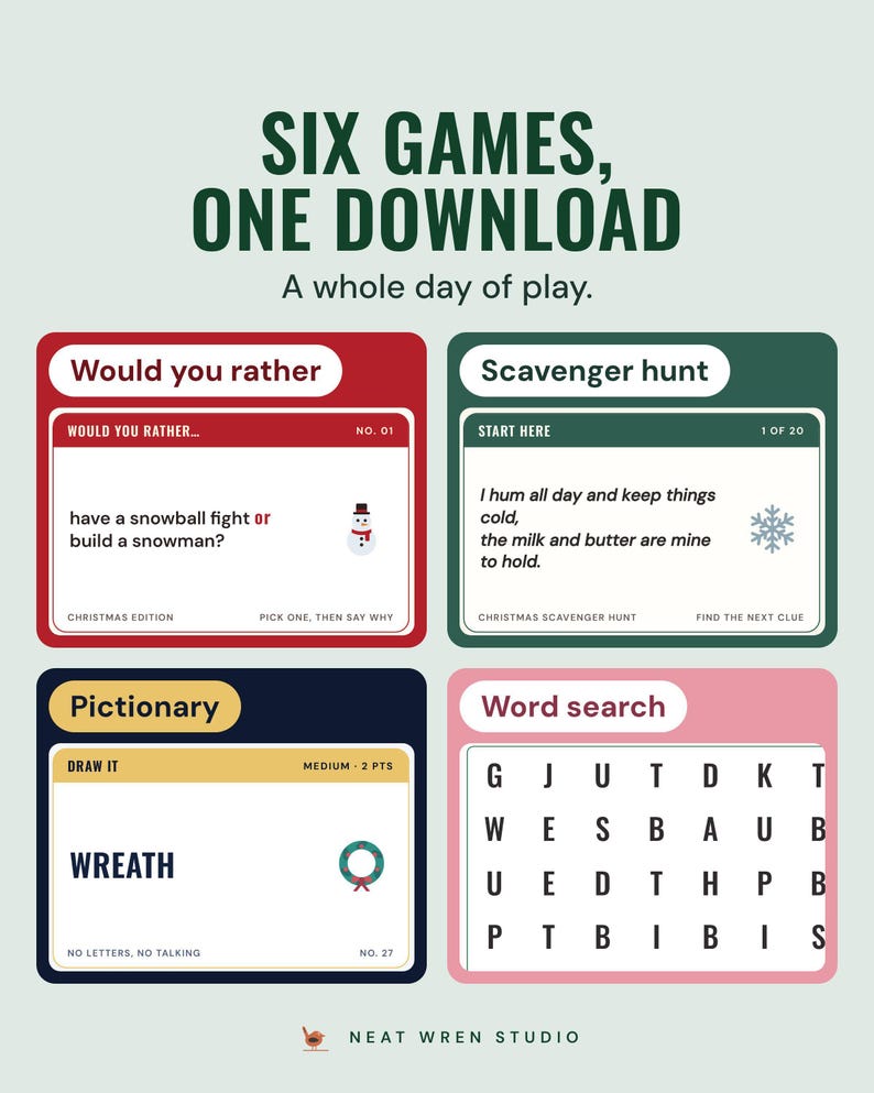 Four game pages, would you rather, scavenger hunt, pictionary and word search, under the headline Six games, one download, and the line A whole day of play.