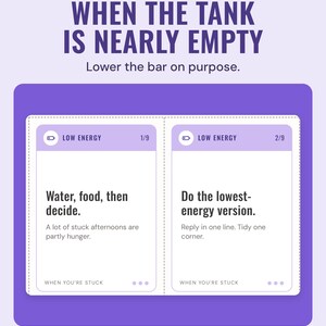 Two low energy cards, water, food, then decide, and do the lowest-energy version, under the headline When the tank is nearly empty.
