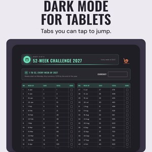 A tablet showing the 52-week challenge 2027 page in dark mode, under the headline Dark mode for tablets, and the line Tabs you can tap to jump.