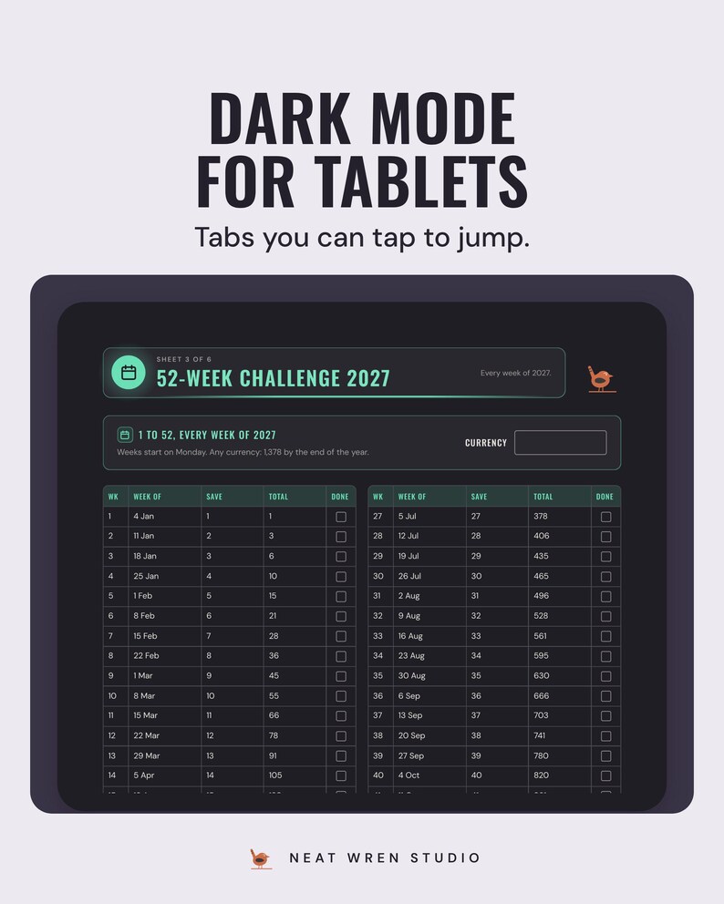 A tablet showing the 52-week challenge 2027 page in dark mode, under the headline Dark mode for tablets, and the line Tabs you can tap to jump.