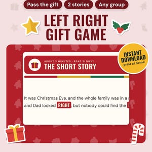Christmas Left Right Game Printable: main listing photo showing the product with an 'Instant download' badge and flat star, holly, present and candy cane icons. Digital product from Neat Wren Studio.
