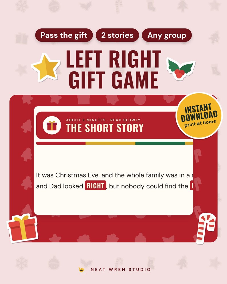 Christmas Left Right Game Printable: main listing photo showing the product with an 'Instant download' badge and flat star, holly, present and candy cane icons. Digital product from Neat Wren Studio.